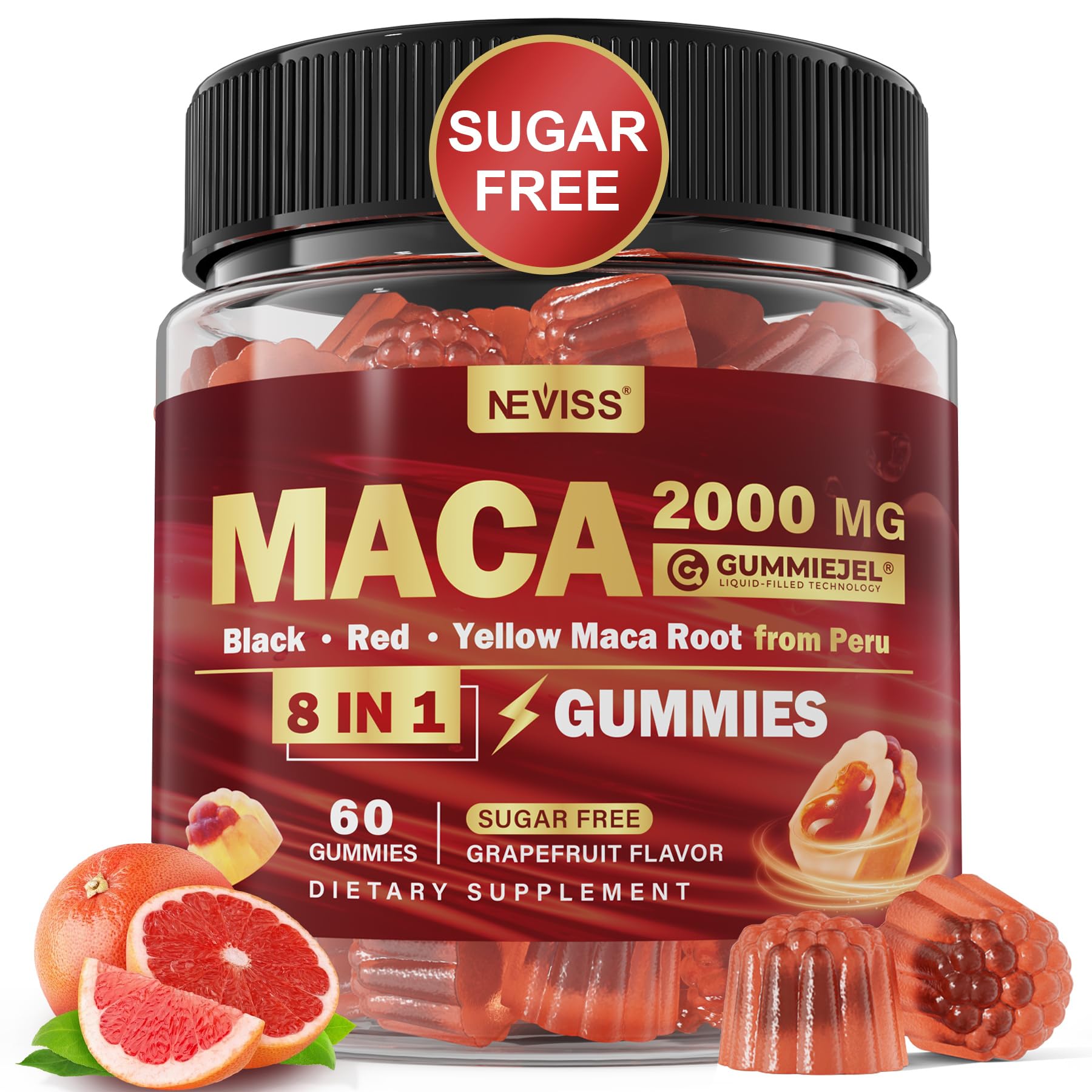 NEVISS Maca Root Filled Gummies bottle front with grapefruit flavor and sugar-free claim