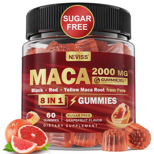 NEVISS Maca Root Filled Gummies bottle front with grapefruit flavor and sugar-free claim