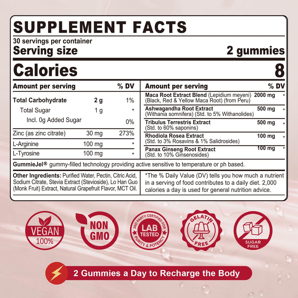 NEVISS Maca Root Filled Gummies bottle label showing vegan, non-GMO ingredients