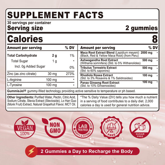 NEVISS Maca Root Filled Gummies bottle label showing vegan, non-GMO ingredients