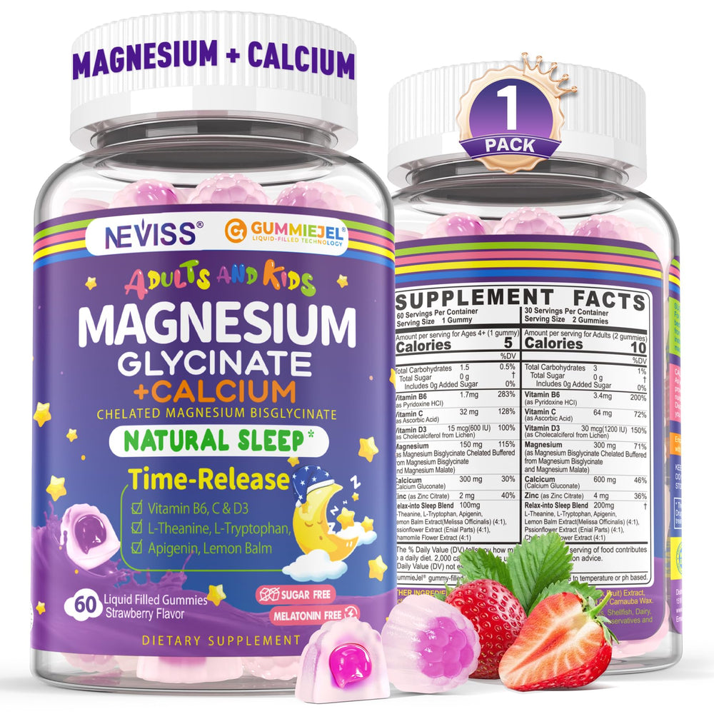 NEVISS magnesium glycinate calcium gummies bottle front view, convenient nightly supplement