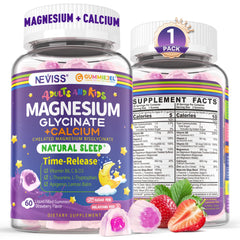 NEVISS magnesium glycinate calcium gummies bottle front view, convenient nightly supplement