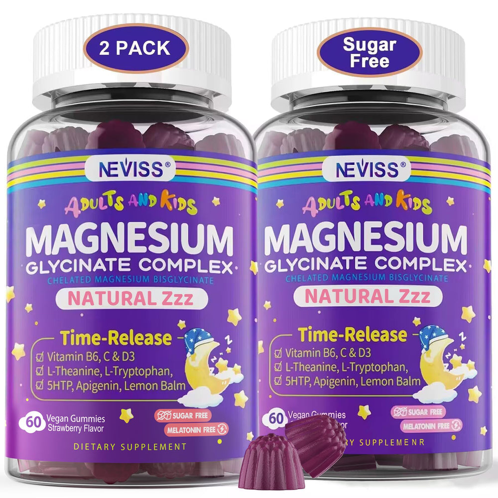 NEVISS Magnesium Glycinate Gummies bottle front highlights sugar-free nightly calm
