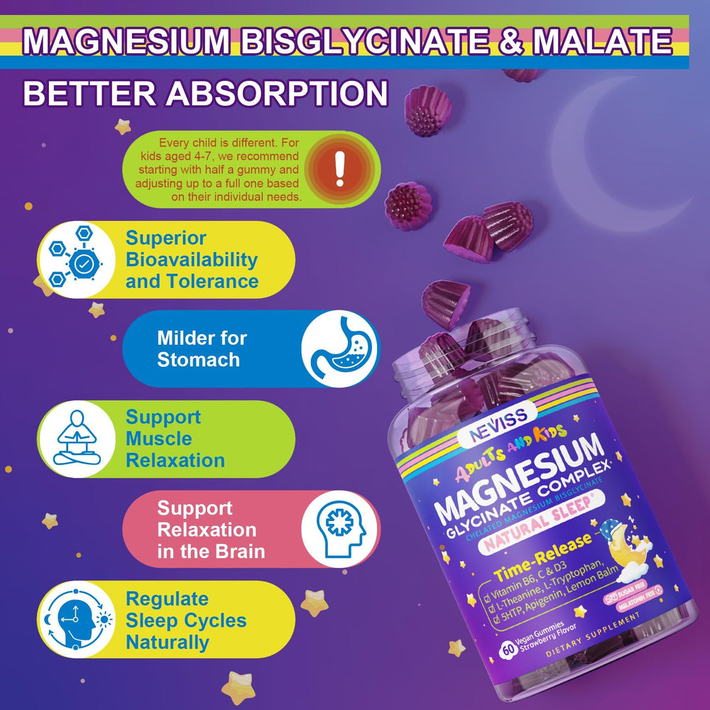 NEVISS gummies for children 4+ highlighting kid-friendly dosage