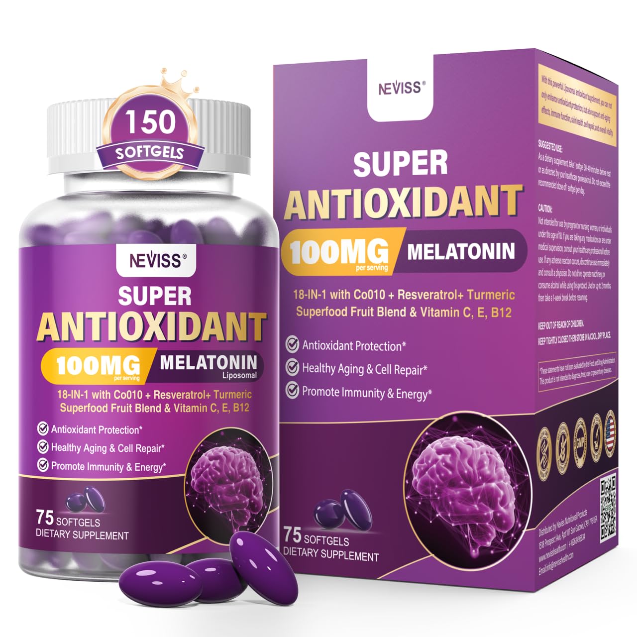 NEVISS Melatonin 100mg liposomal delivery bottle highlights enhanced absorption and antioxidant support