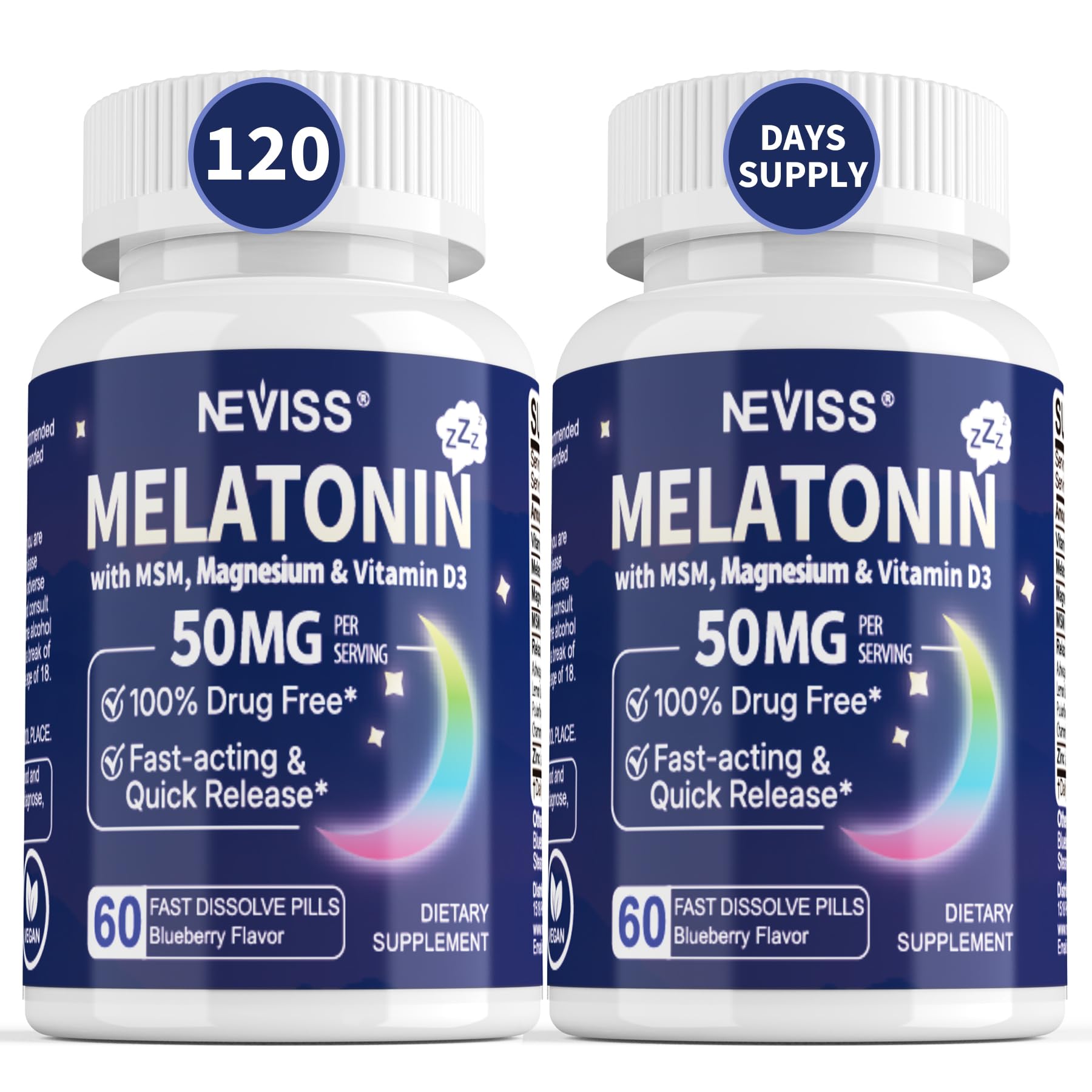 NEVISS Melatonin 50 mg bottle front shows high-dose rest support.