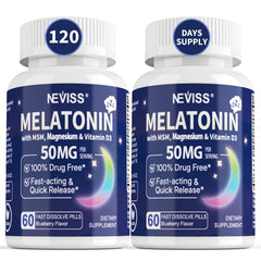 NEVISS Melatonin 50 mg bottle front shows high-dose rest support.