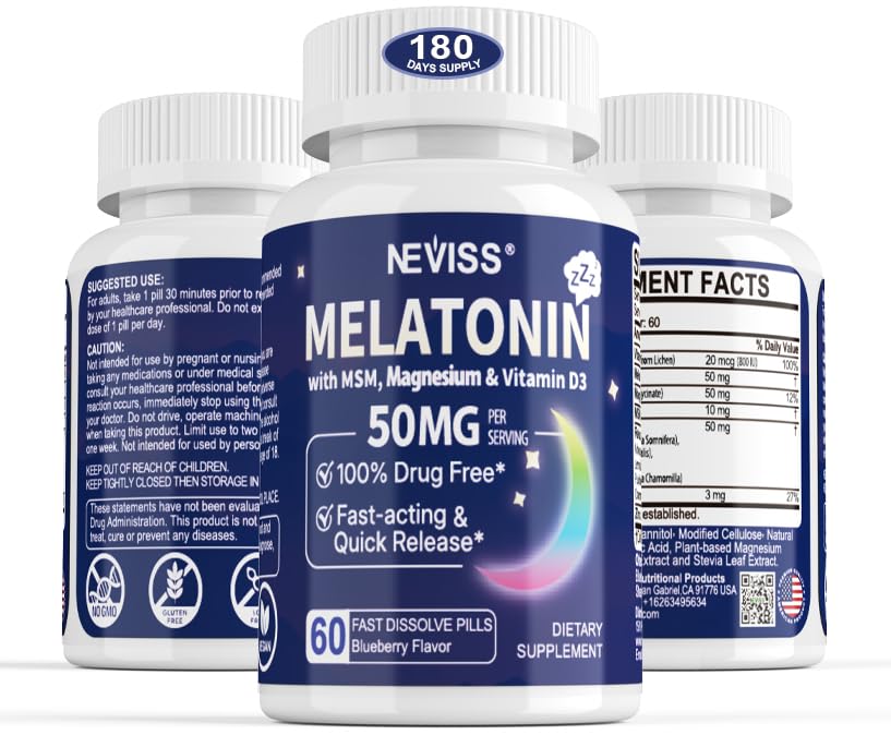 NEVISS melatonin 50 mg tablet close-up showing fast-dissolve action for quick rest.