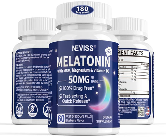 NEVISS melatonin 50 mg tablet close-up showing fast-dissolve action for quick rest.