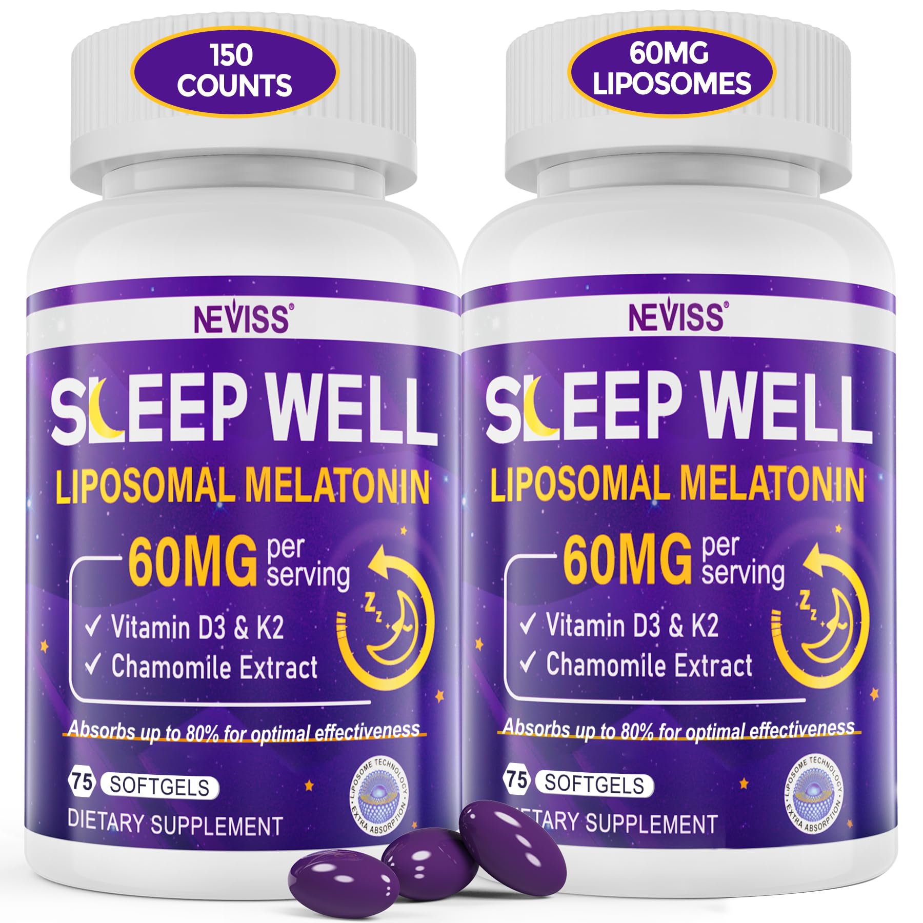 NEVISS melatonin 60mg bottle closeup for deep rest and absorption.
