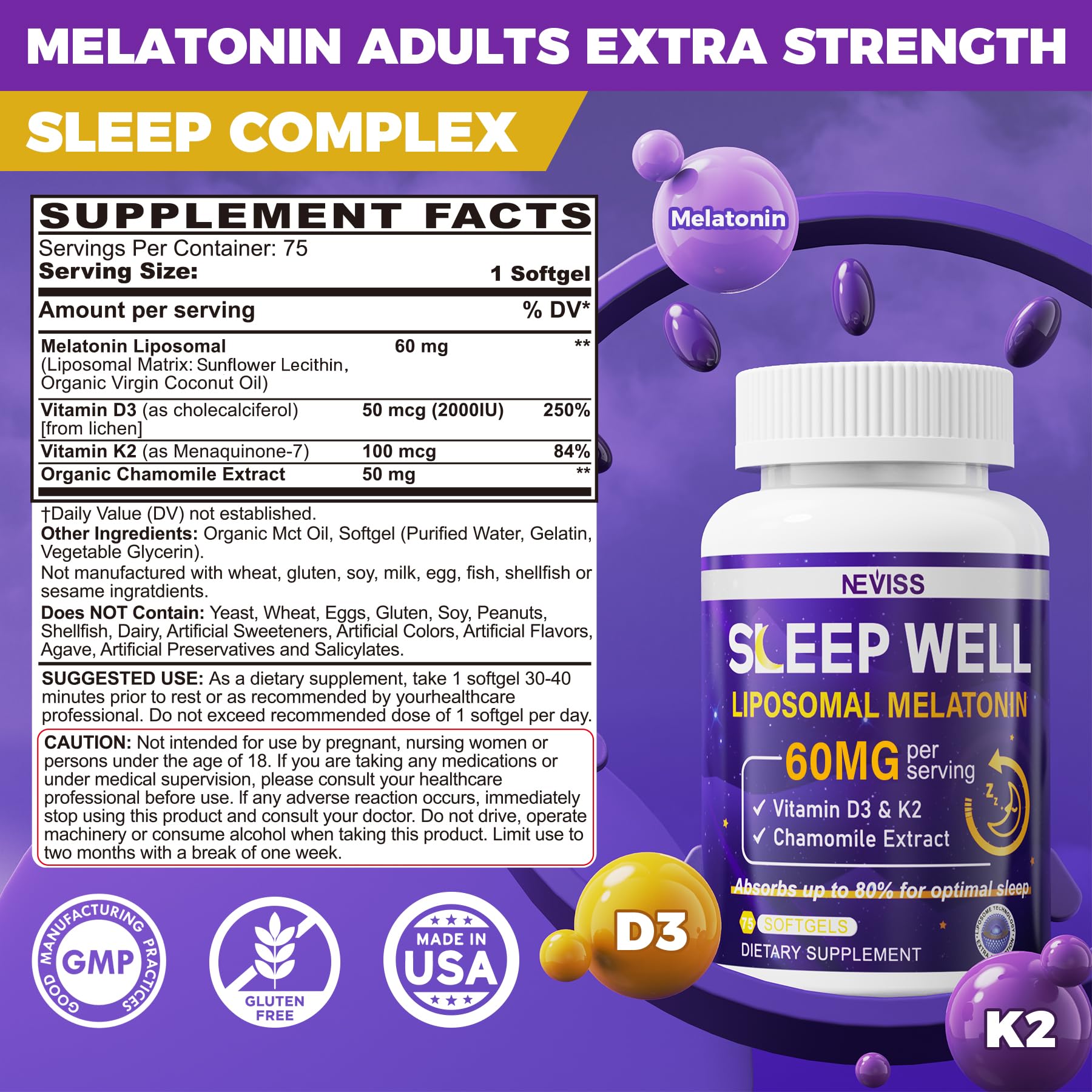 NEVISS melatonin capsules close-up highlighting high-potency sleep aid.