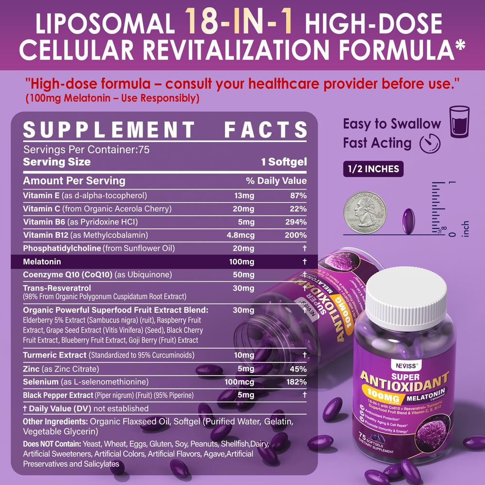 NEVISS Melatonin 100mg CoQ10 Turmeric Softgels for mitochondrial energy and vitality