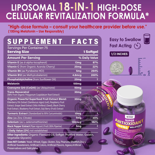 NEVISS Melatonin 100mg CoQ10 Turmeric Softgels for mitochondrial energy and vitality
