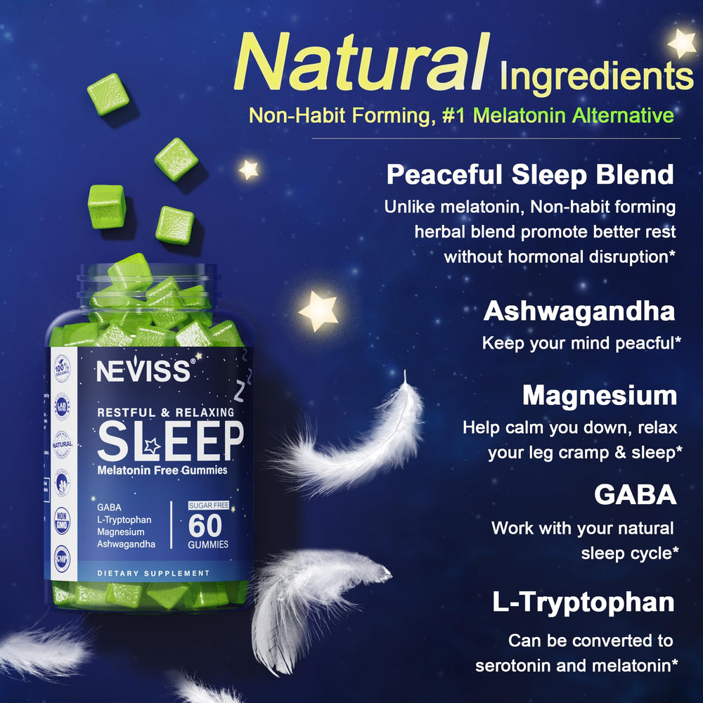 NEVISS gummies and a measuring spoon for a consistent nightly routine.
