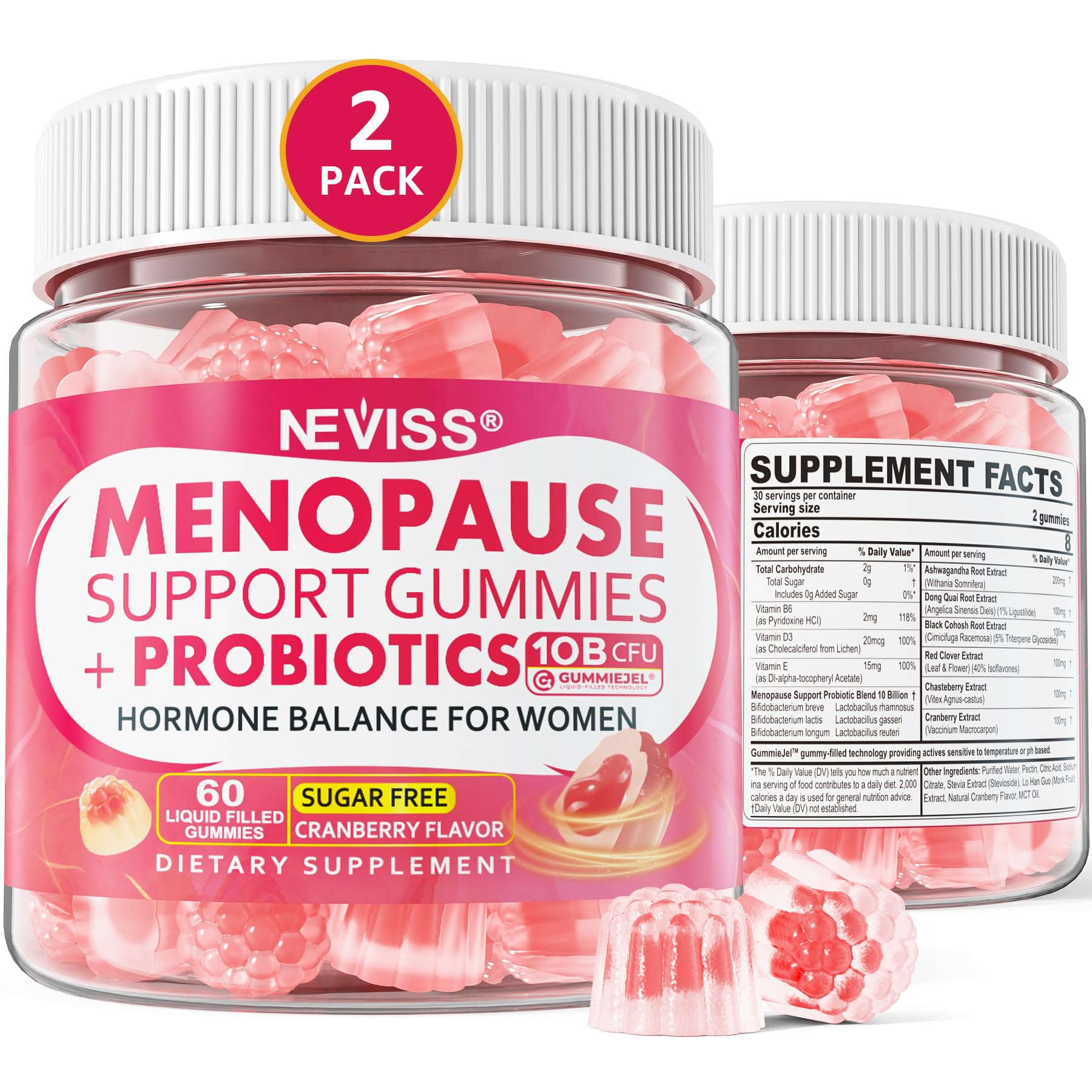 NEVISS menopause gummies bottle front shows a sugar-free cranberry formula for daily support.