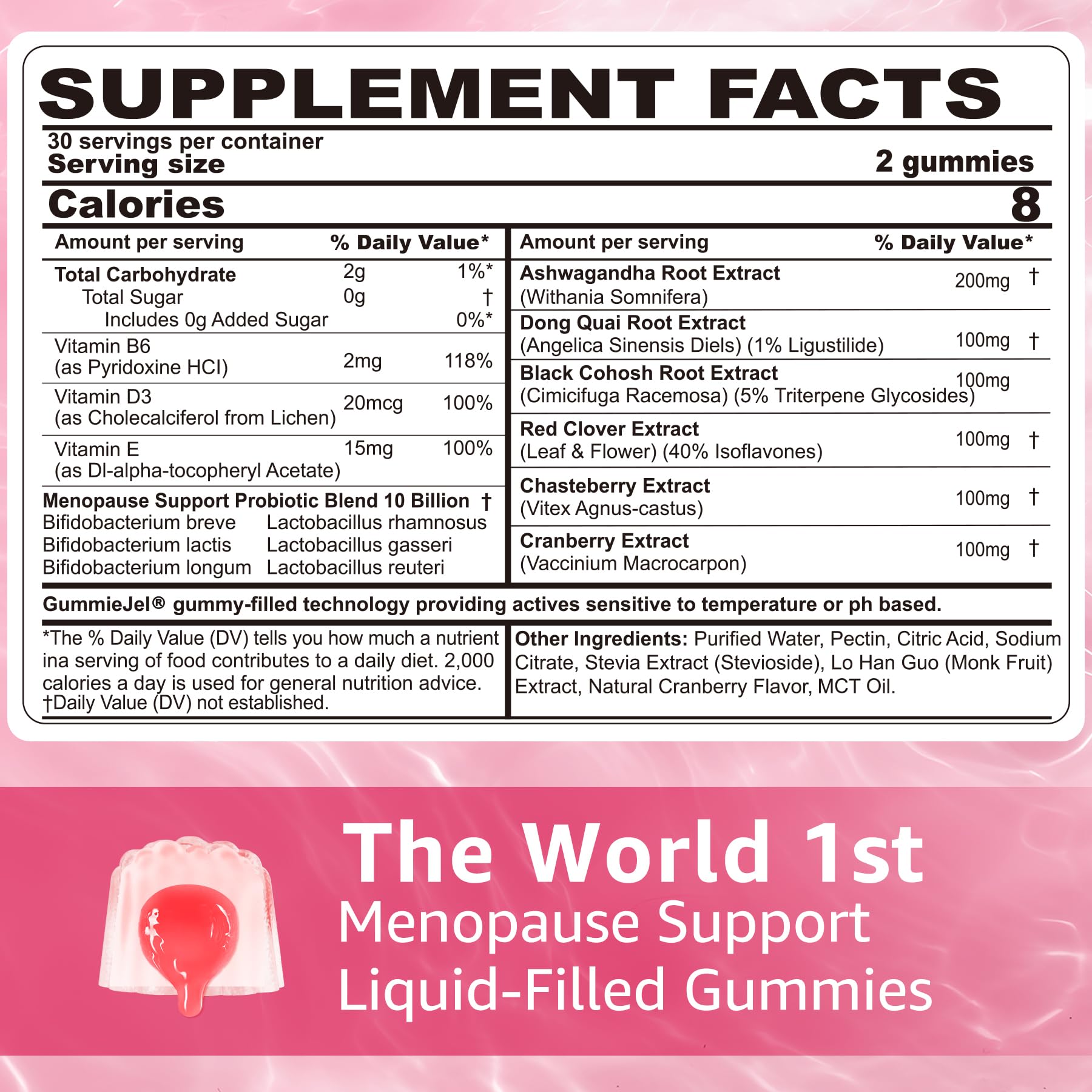 NEVISS menopause gummies label close-up highlights the herbal blend and probiotic foundation.