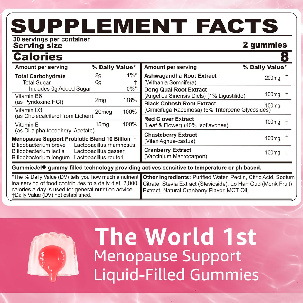 NEVISS menopause gummies label close-up highlights the herbal blend and probiotic foundation.