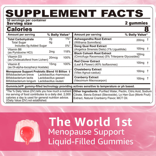 NEVISS menopause gummies label close-up highlights the herbal blend and probiotic foundation.