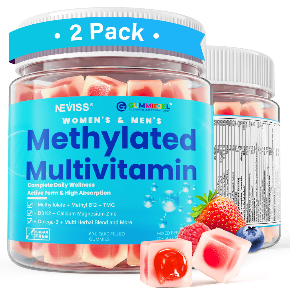 NEVISS methylated multivitamin gummies bottle front shows daily wellness support
