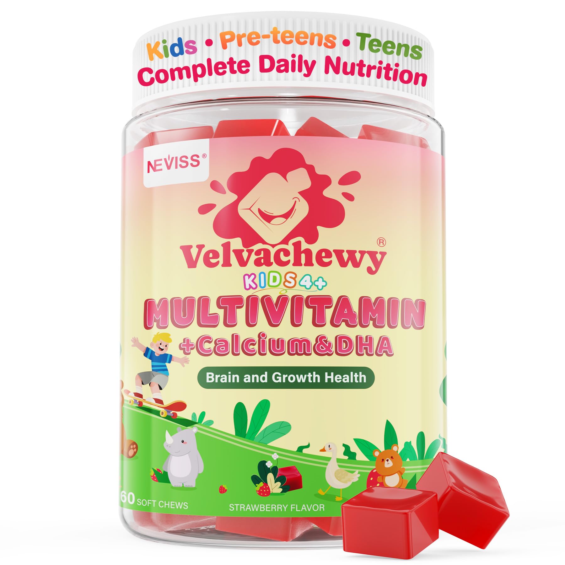 NEVISS methylated multivitamin kids bottle with clean label supports daily growth and immunity.