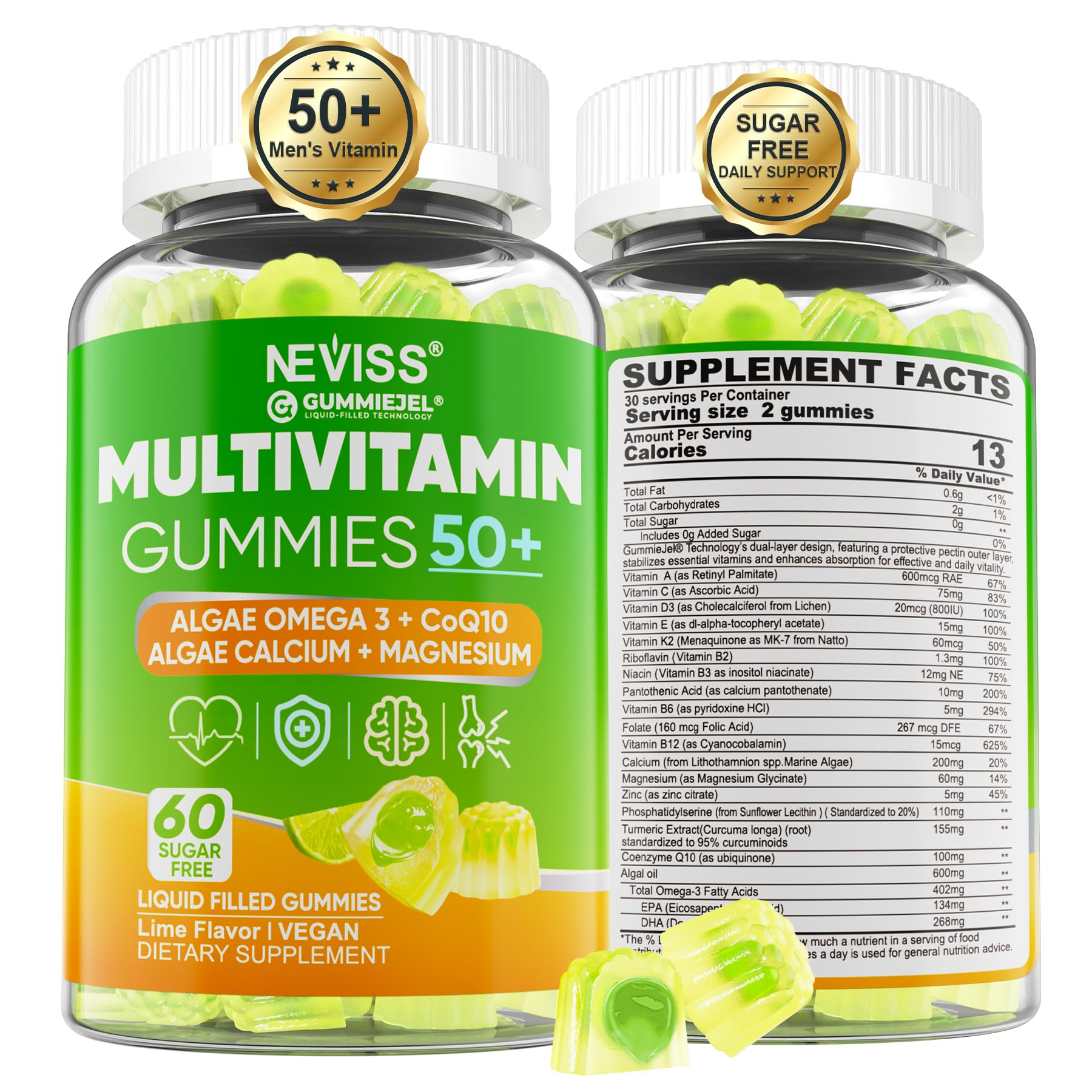 NEVISS 50+ multivitamin bottle with sugar-free gummies for daily bone support and energy.