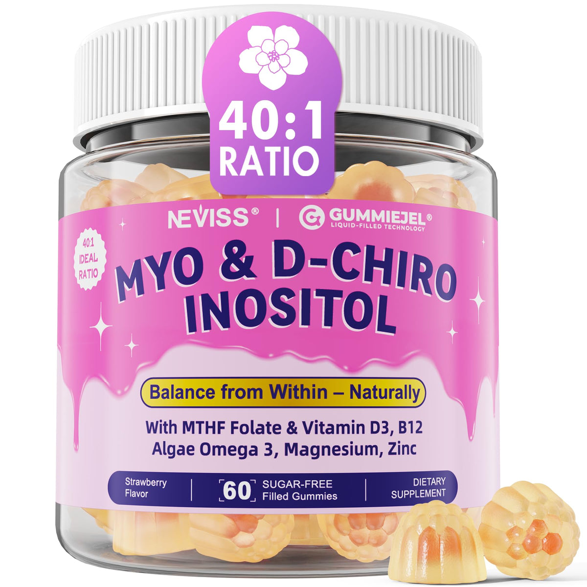 NEVISS myo-inositol and d-chiro gummies bottle for daily balance