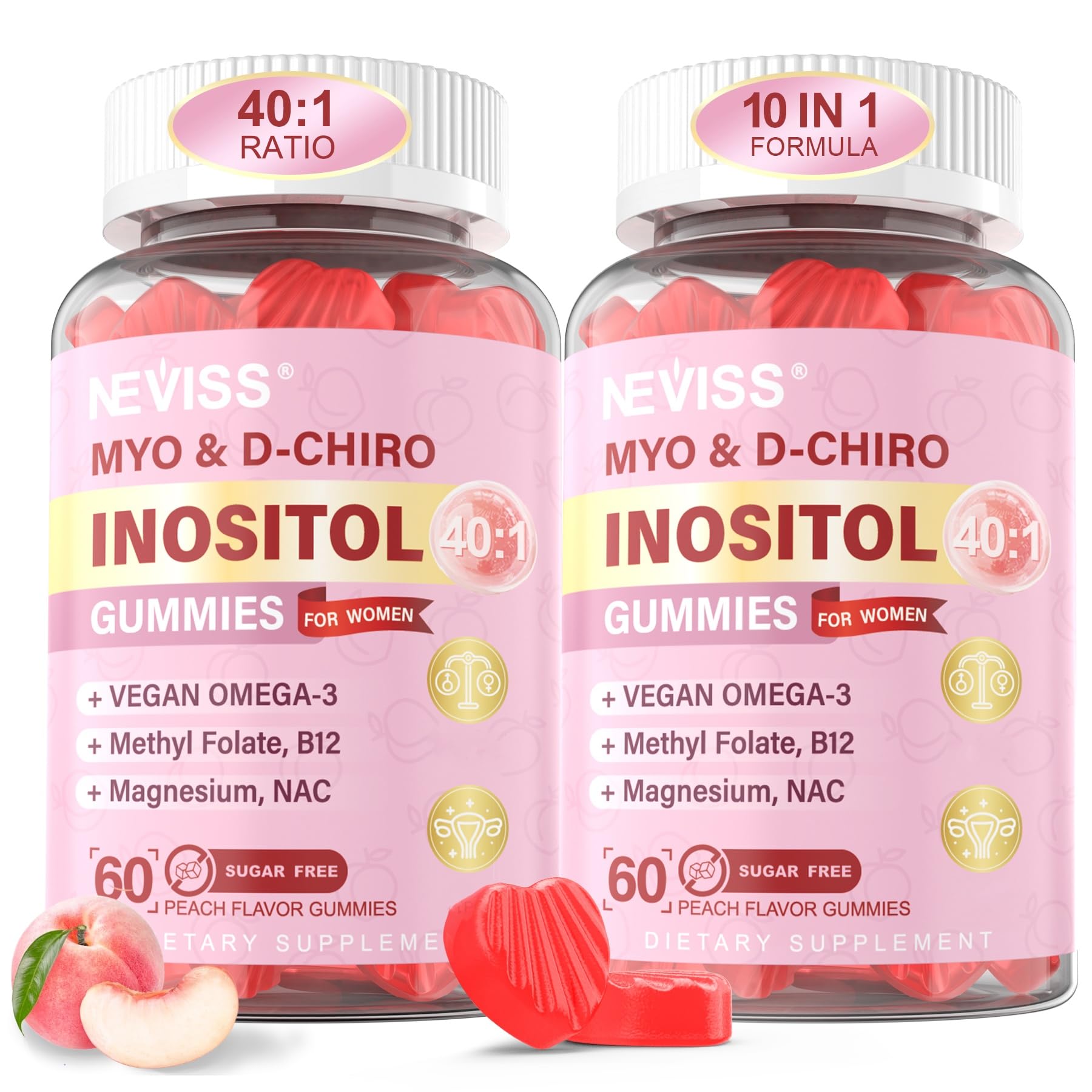 NEVISS Myo-Inositol Gummies bottle showing 120-count for daily wellness.