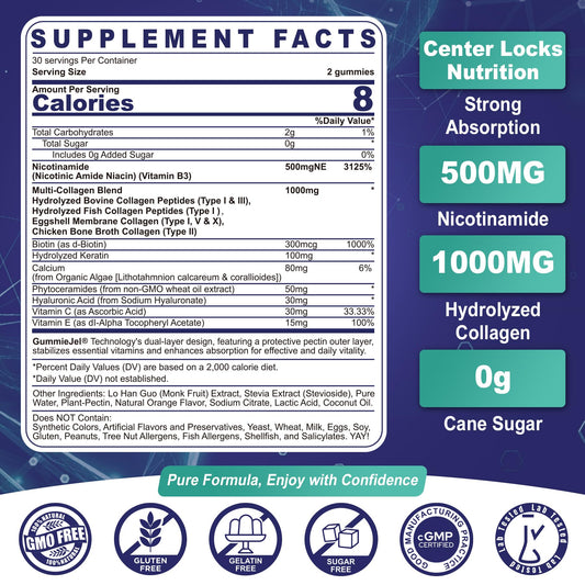 NEVISS Niacinamide gummies with collagen peptides on glossy label for skin and joint support