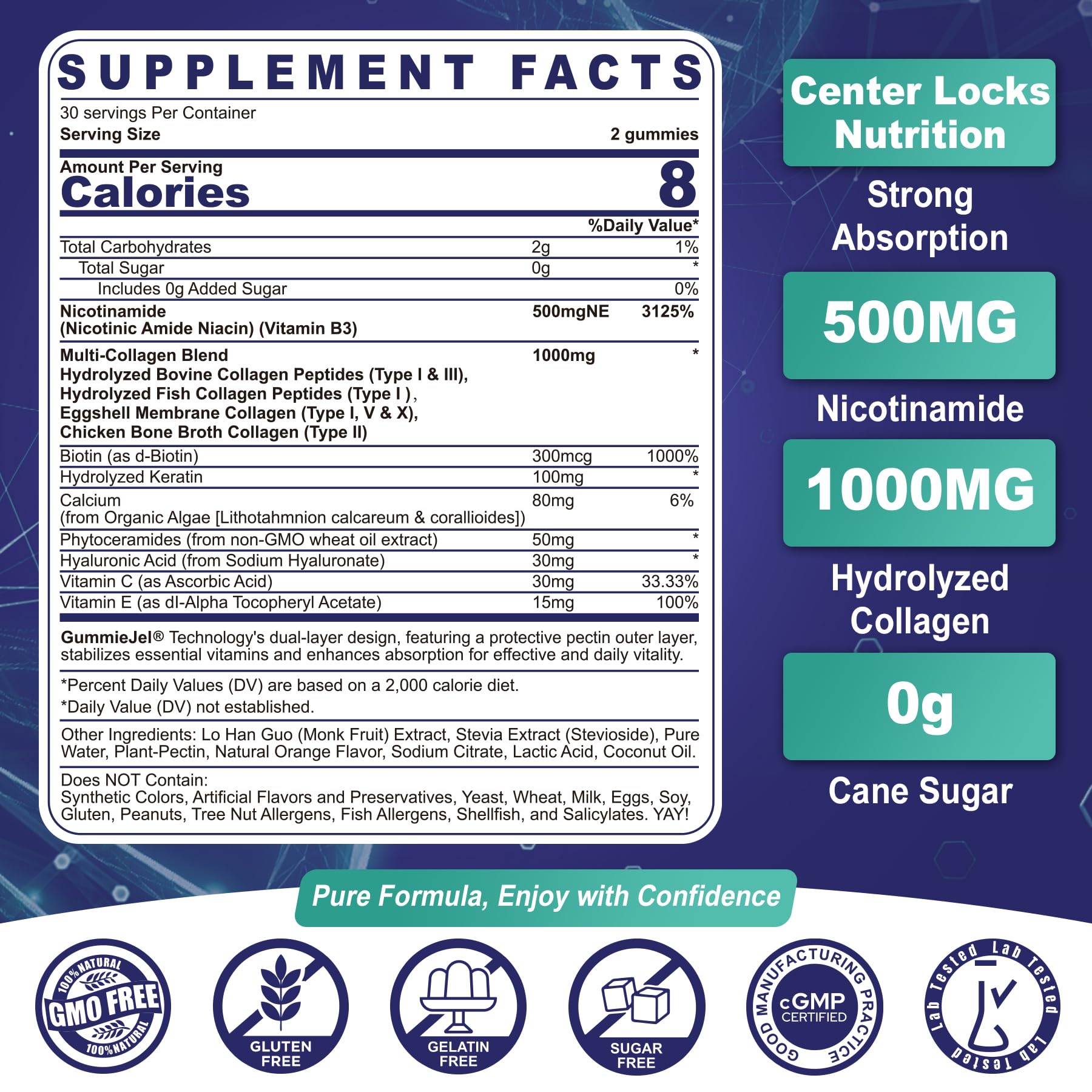 NEVISS bottle back reveals ingredients and collagen peptides for skin and hair health.