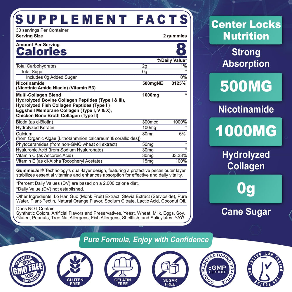 NEVISS bottle back reveals ingredients and collagen peptides for skin and hair health.