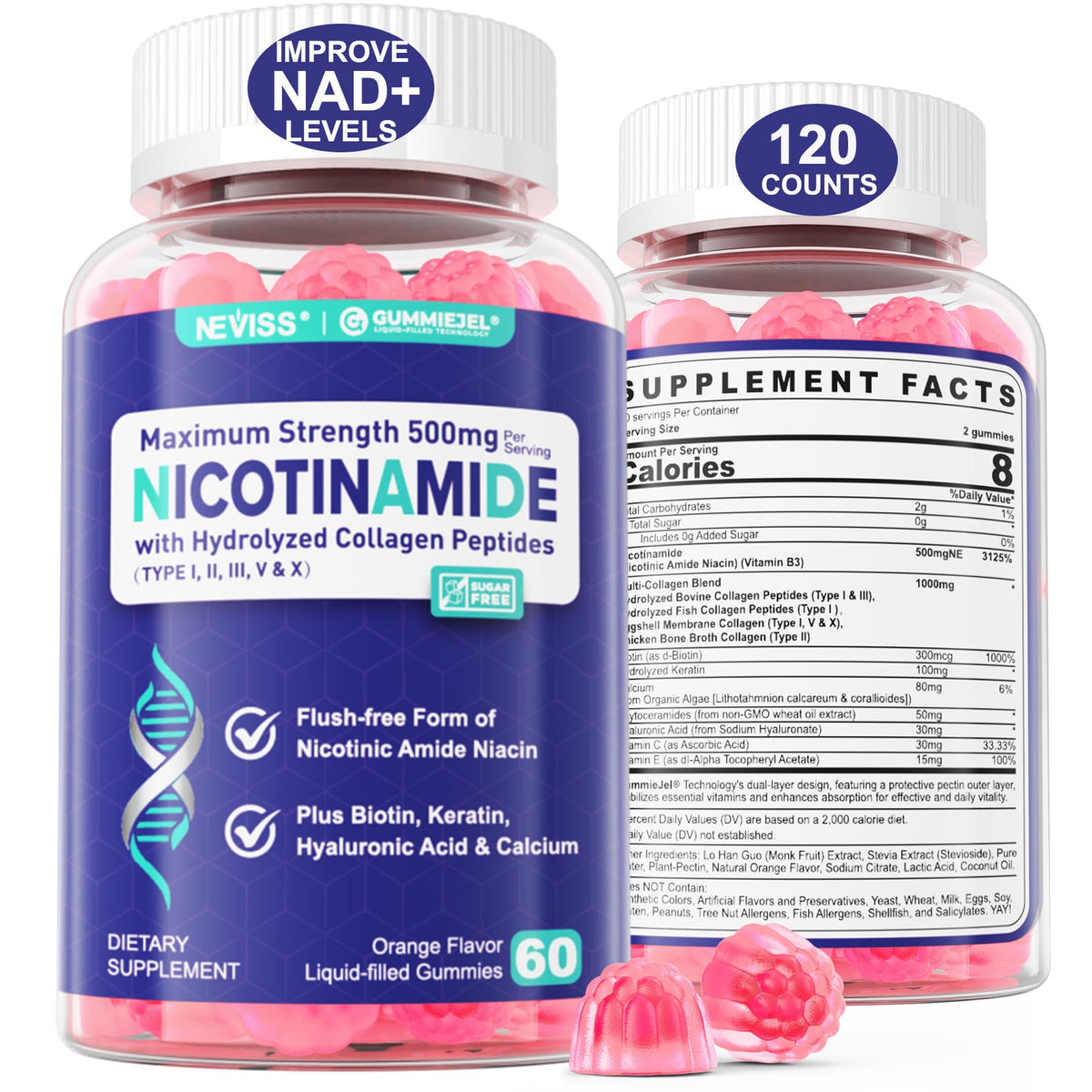 NEVISS Nicotinamide gummies bottle front highlights NAD+ support and antioxidant potential.