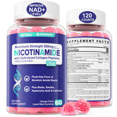 NEVISS Nicotinamide gummies bottle front highlights NAD+ support and antioxidant potential.