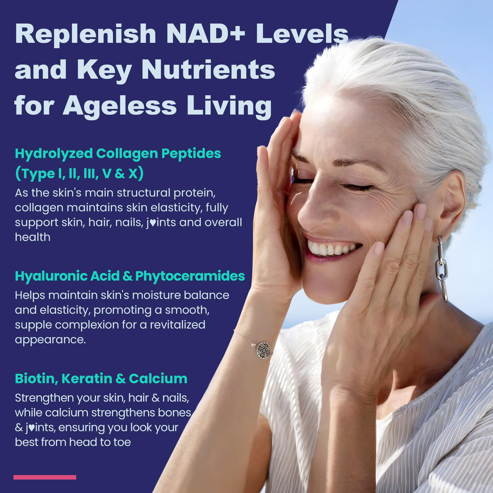 NEVISS ingredients panel featuring niacinamide and hydrolyzed collagen for holistic wellness.
