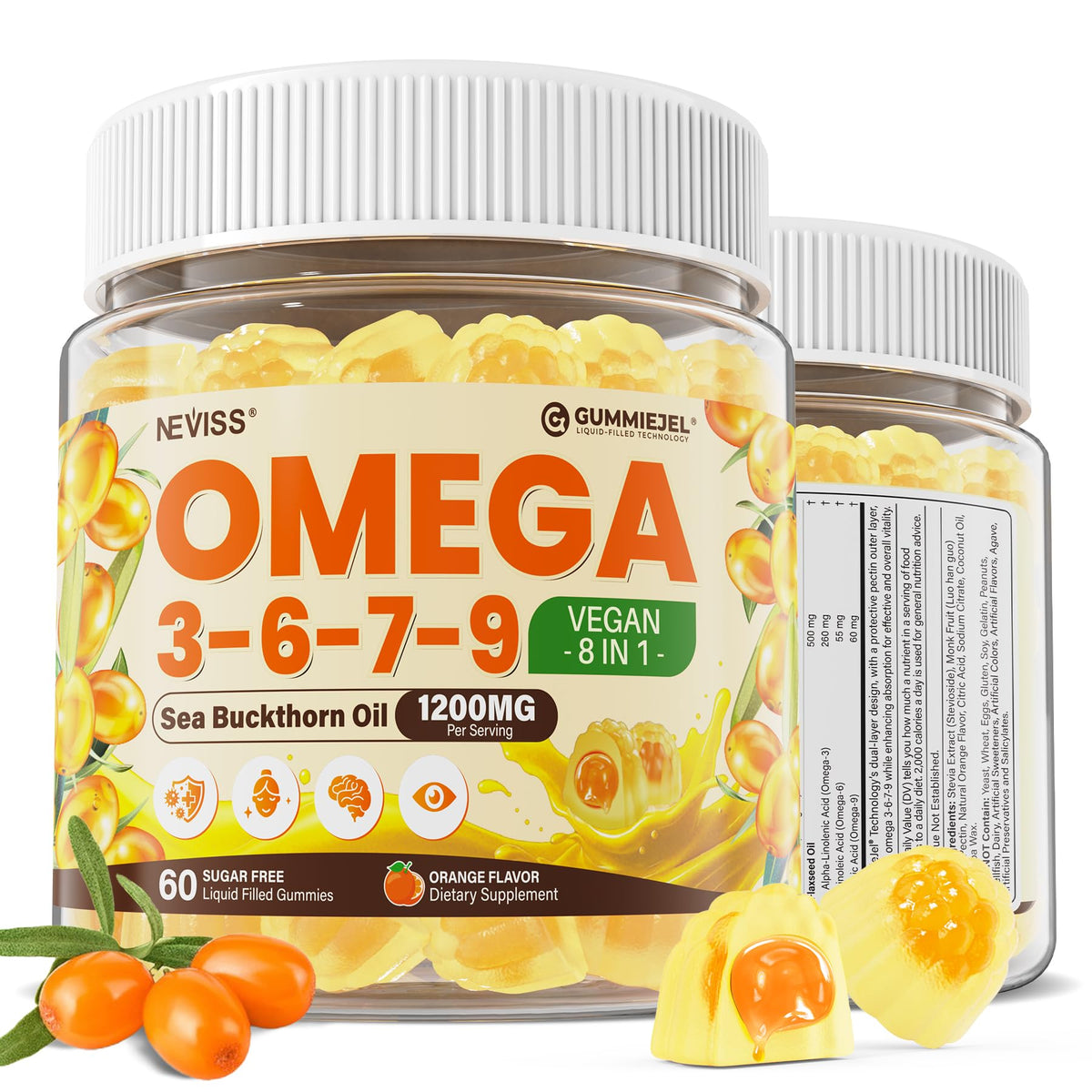 NEVISS Omega 3-6-7-9 gummies bottle with label for daily wellness.