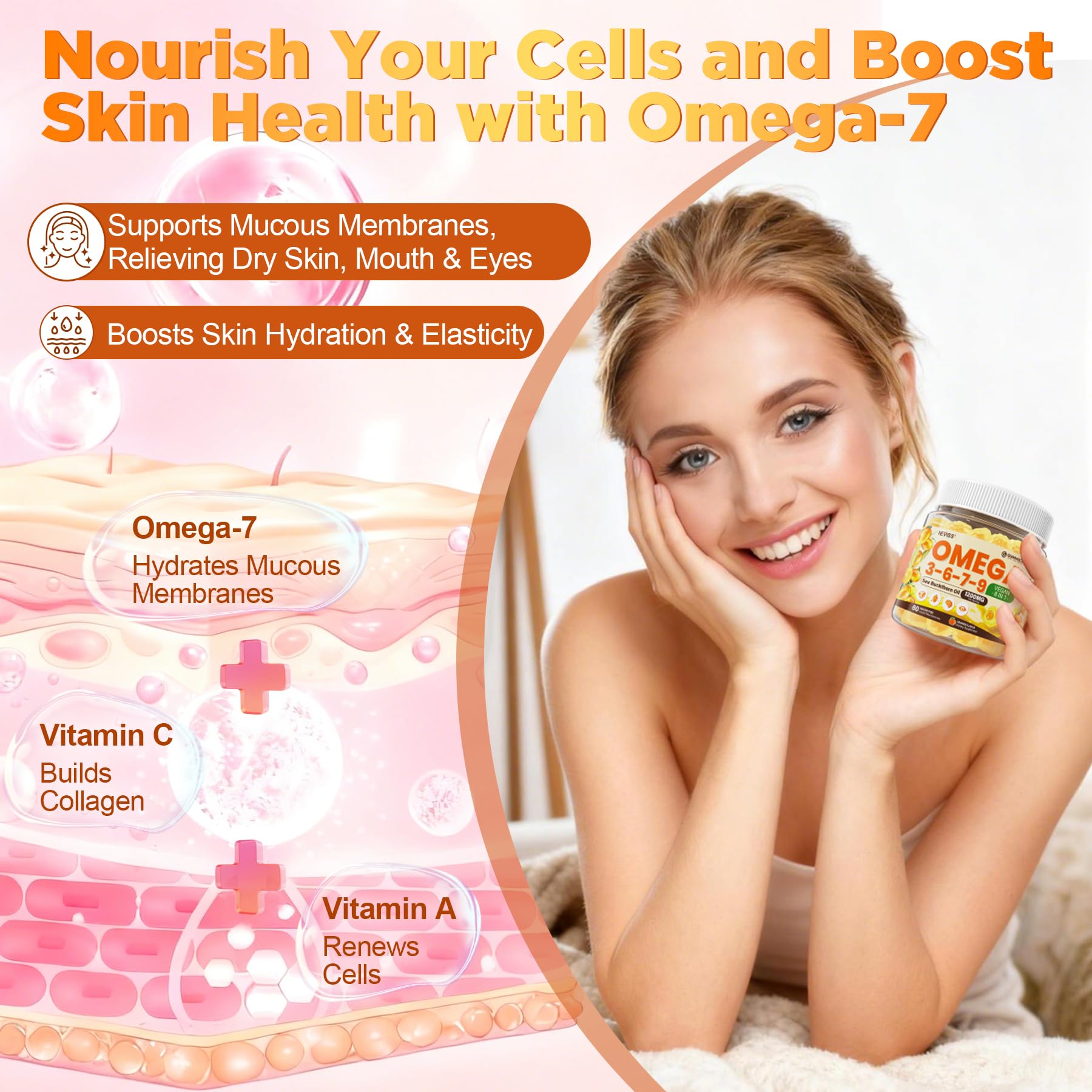 NEVISS omega-7 skin hydration focus gummy on skin texture.