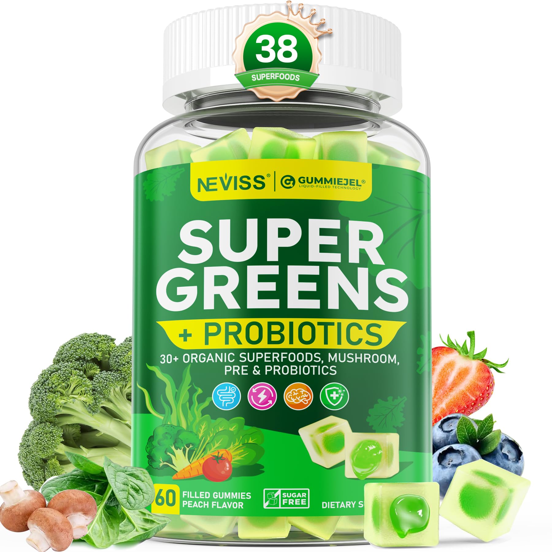 NEVISS Organic Super Greens Gummies front bottle for convenient daily nutrition