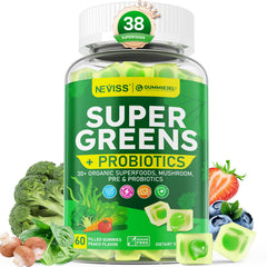 NEVISS Organic Super Greens Gummies front bottle for convenient daily nutrition