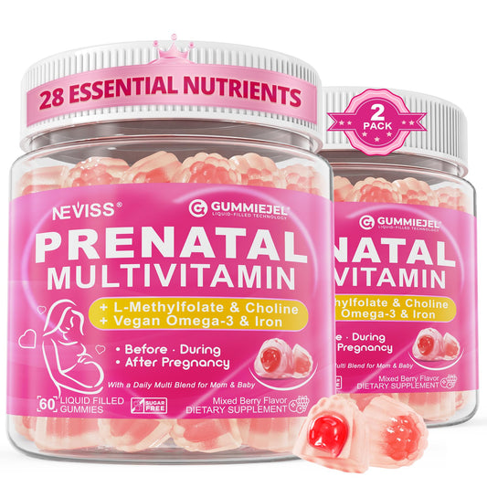 NEVISS prenatal multivitamin gummy bottle for daily pregnancy support.
