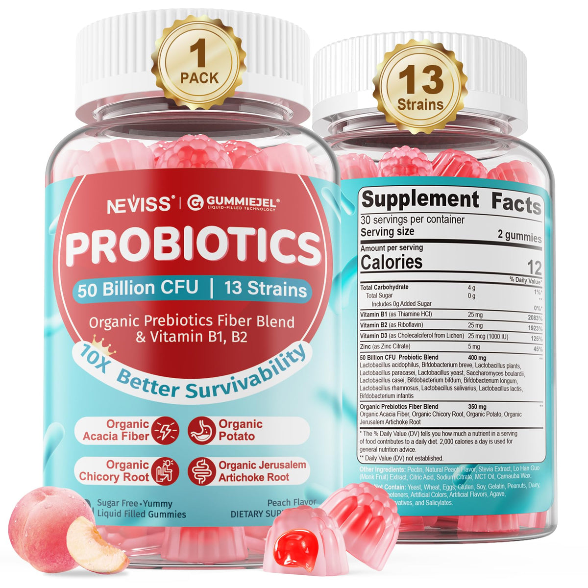 NEVISS Probiotic Gummies bottle front view showing peach flavor and digestive balance.