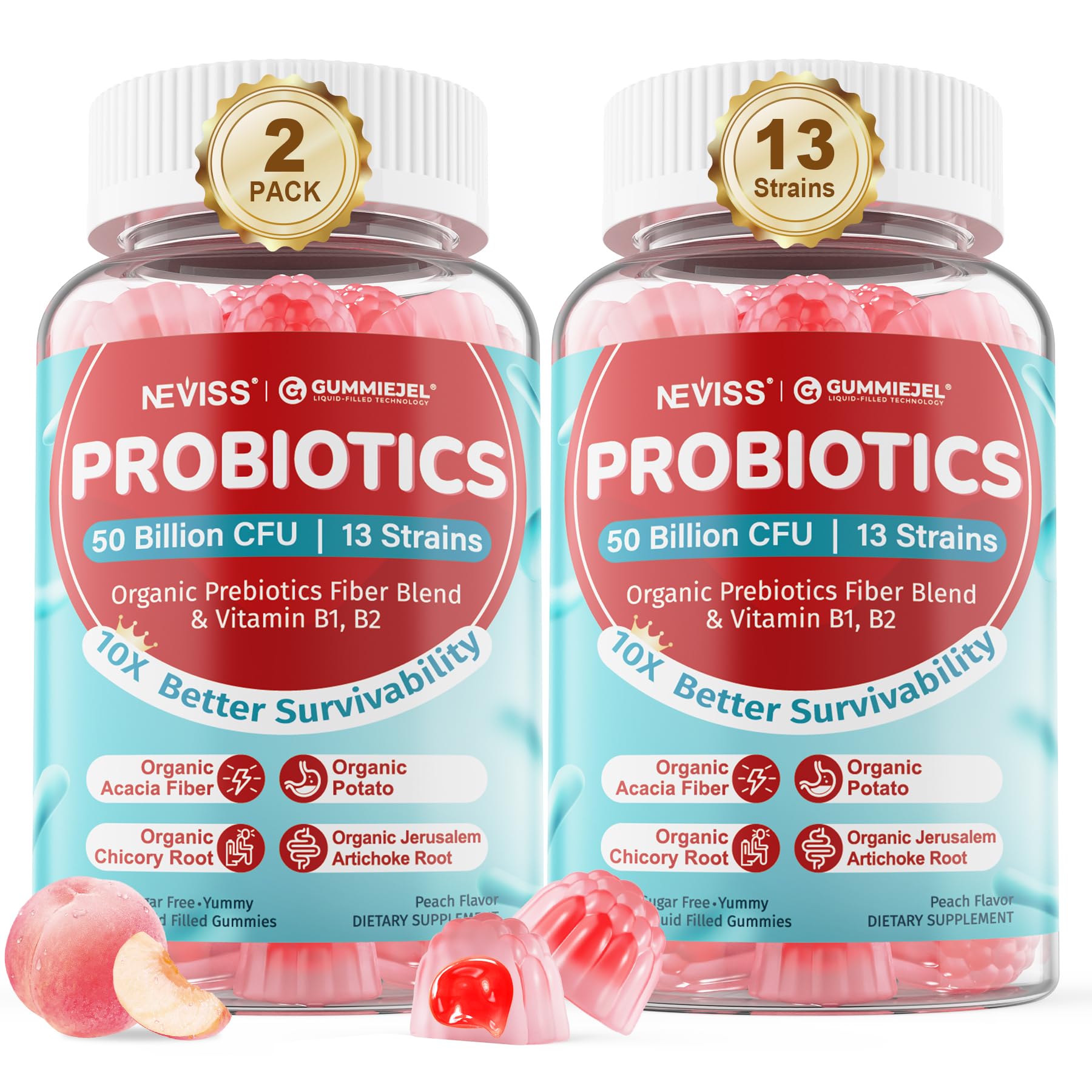 NEVISS Probiotic Gummies bottle with peach flavor offering daily gut support.
