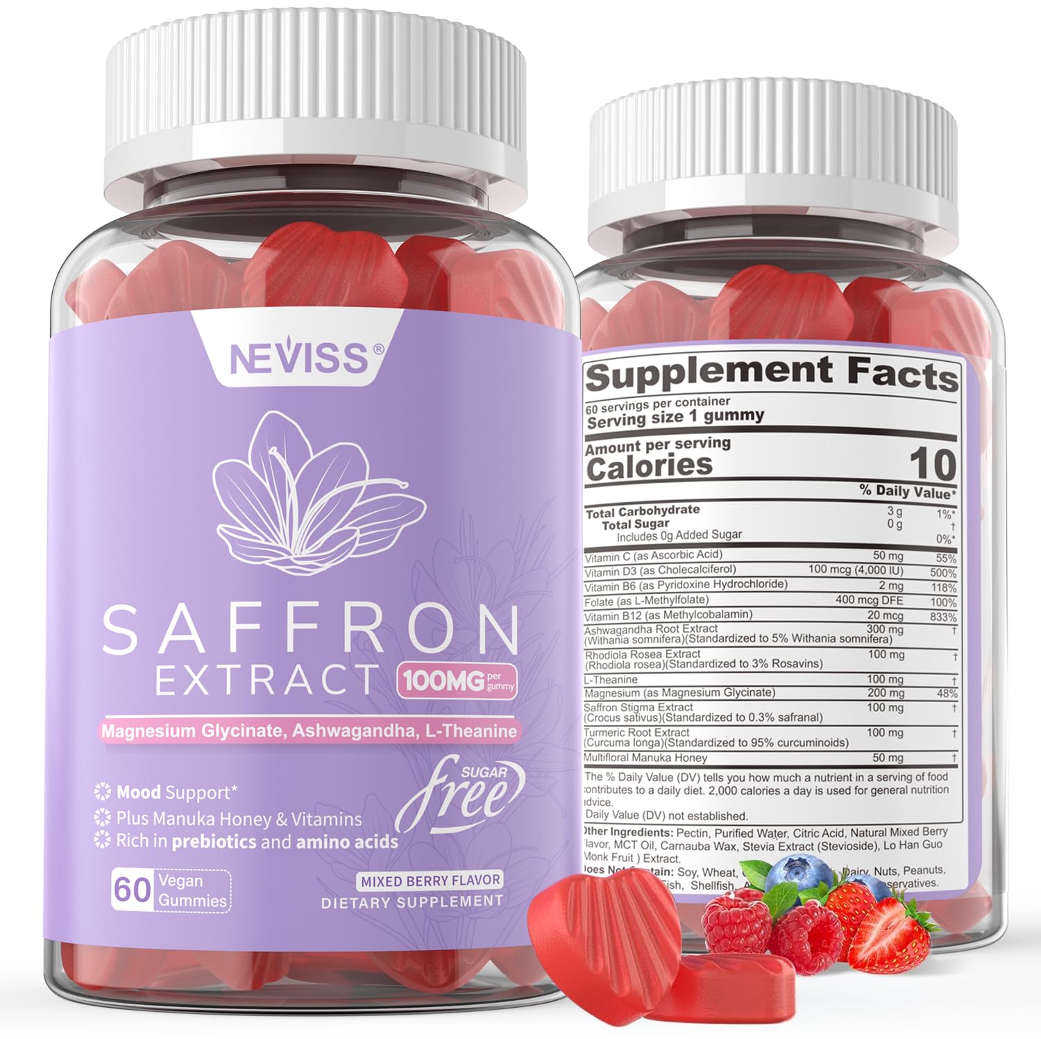 Neviss saffron gummies bottle close-up for mood balance and natural energy