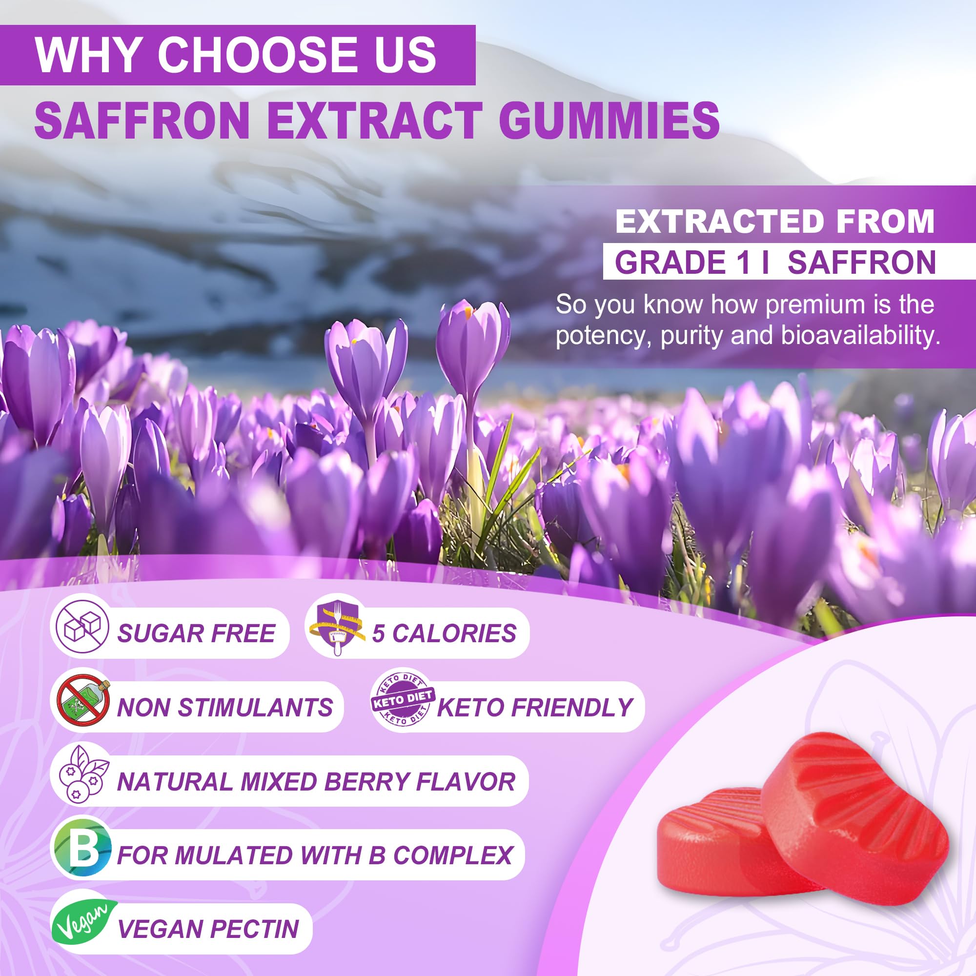 NEVISS saffron gummies ingredients panel highlights magnesium glycinate and turmeric