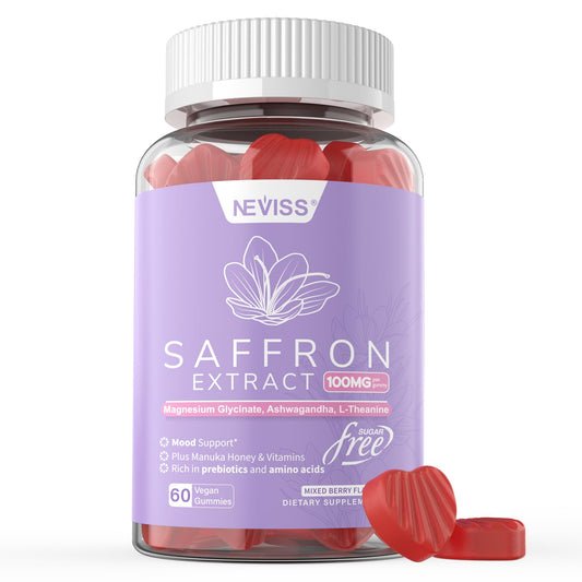 NEVISS saffron gummies jar closeup highlighting mood support