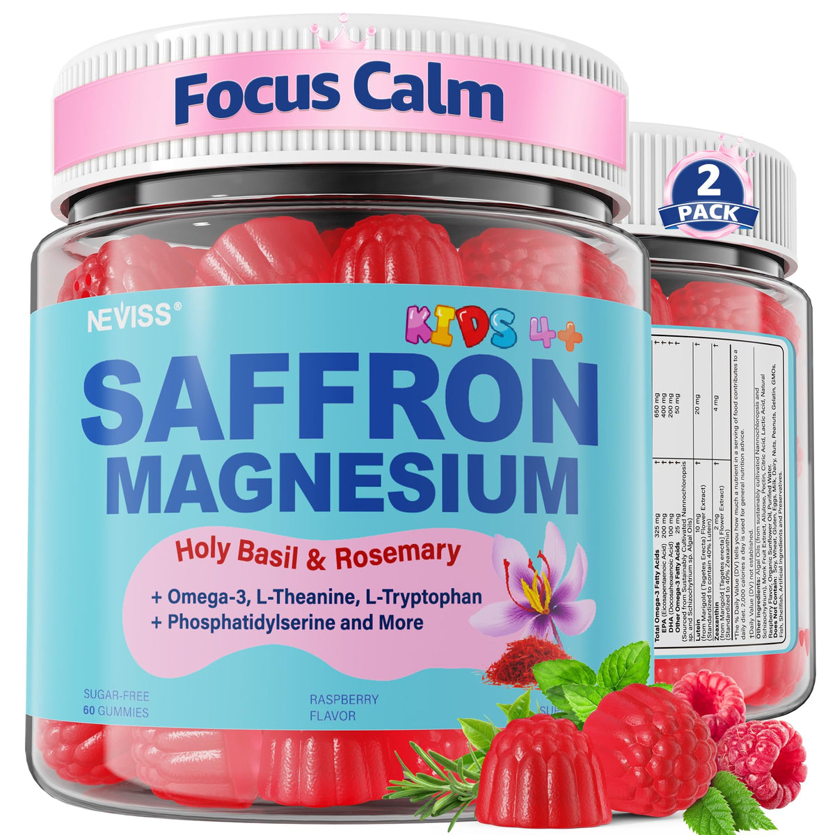 NEVISS saffron gummies bottle highlights premium saffron and magnesium for calm focus.