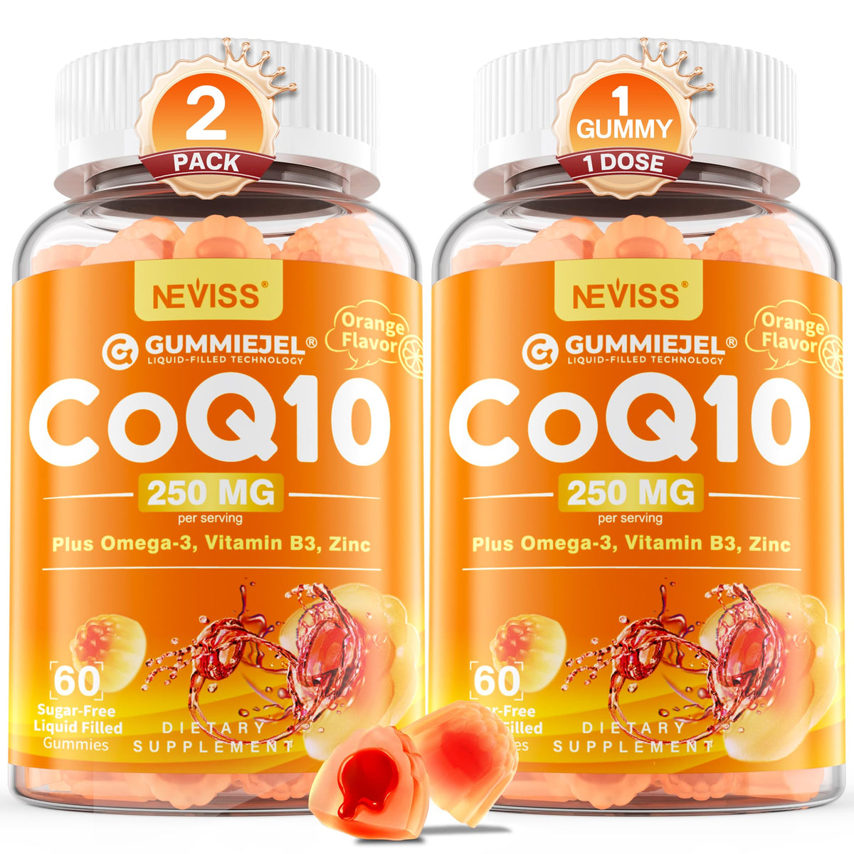 NEVISS sugar-free CoQ10 gummies bottle for easy daily use.
