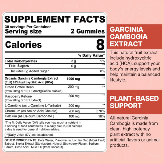 NEVISS Sugar Free Garcinia Cambogia Gummies strawberry closeup shows tasty vegan option.