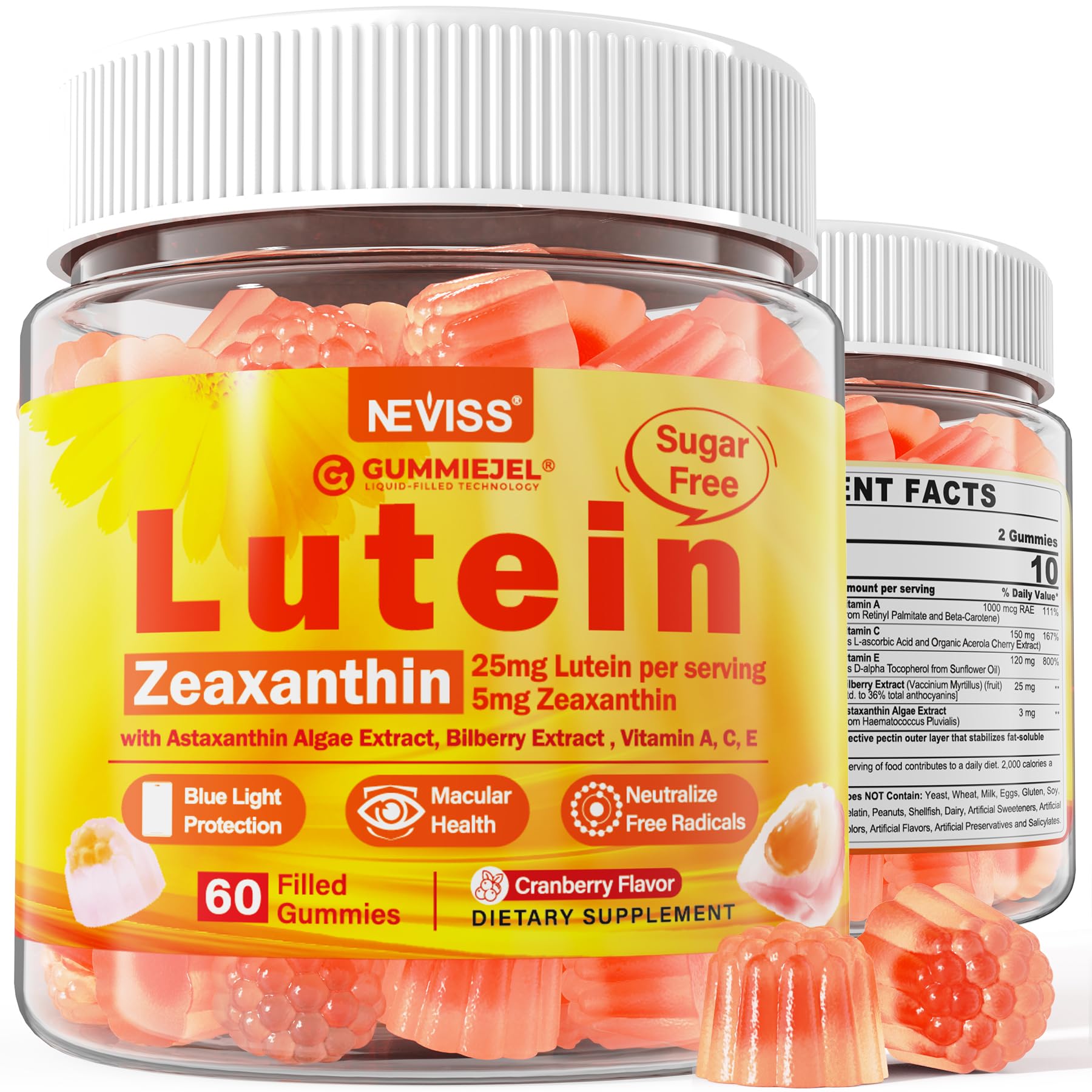 NEVISS sugar-free lutein zeaxanthin gummies in bottle for daily eye comfort
