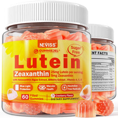 NEVISS sugar-free lutein zeaxanthin gummies in bottle for daily eye comfort