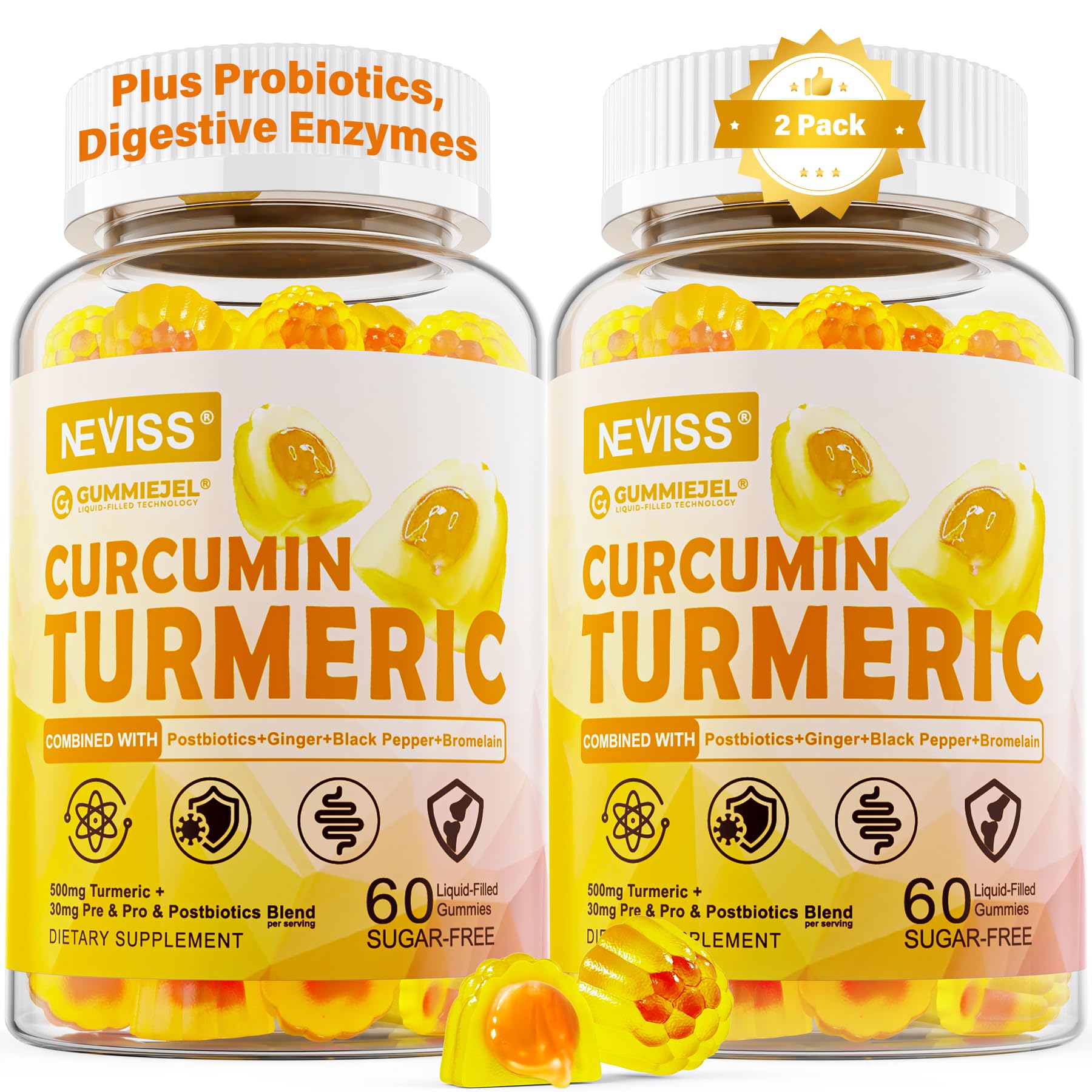 NEVISS sugar-free turmeric curcumin gummies jar with pineapple flavor for daily use.