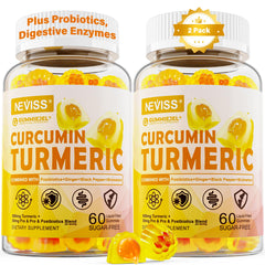 NEVISS sugar-free turmeric curcumin gummies jar with pineapple flavor for daily use.